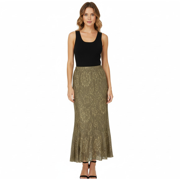 Spencer Alexis Metallic Lace Lined Trumpet Skirt Champagne Gold Stretch Long 2X - Picture 1 of 6